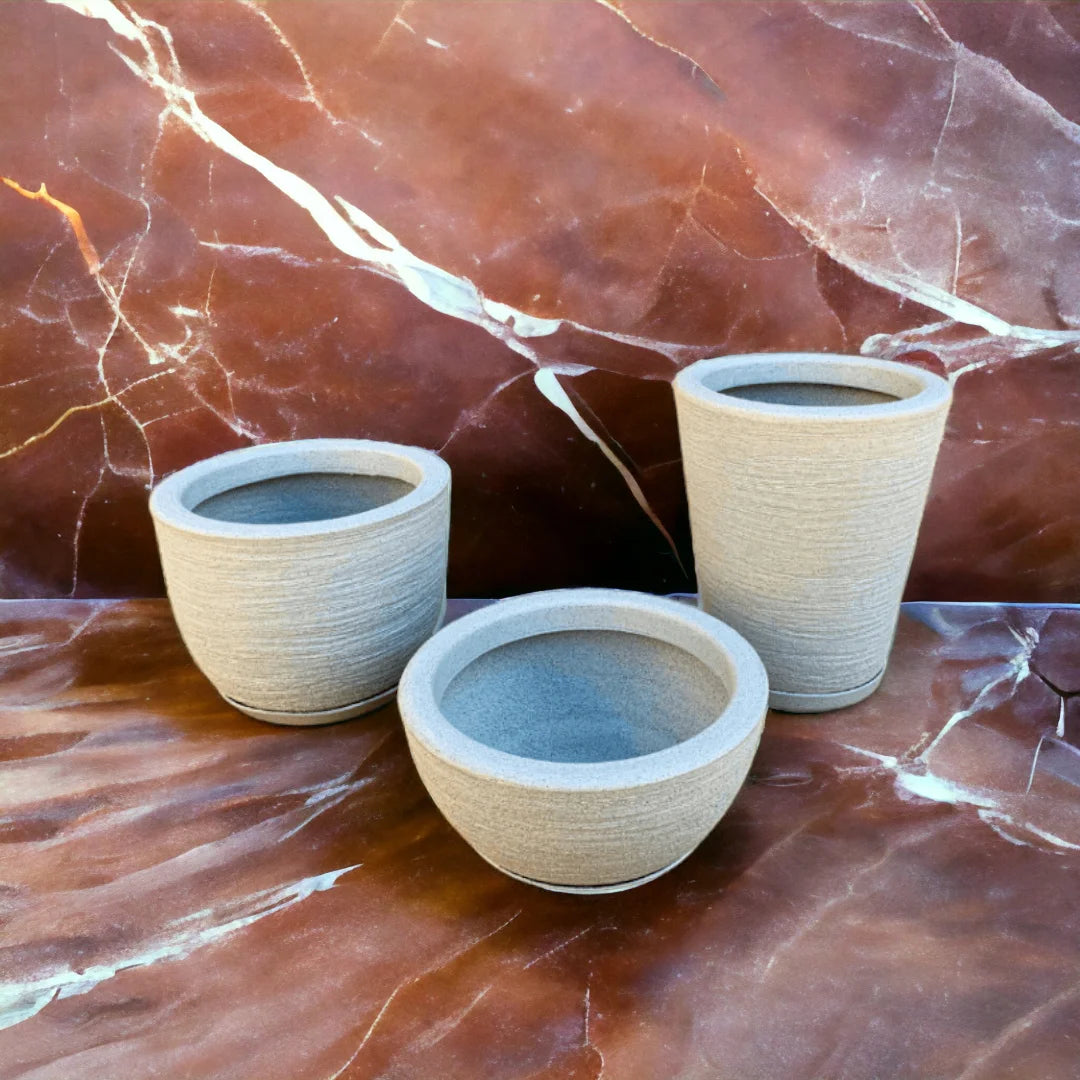 Kit Elegante com 3 Vasos Redondos Texturizados em Polietileno