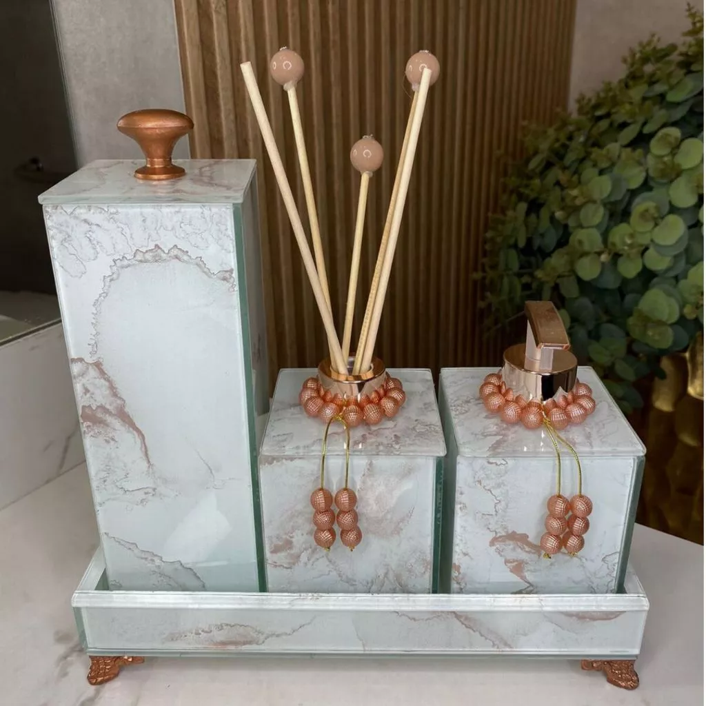 Conjunto Lavabo Mármore com Bandeja e Difusor | Alma & Casa