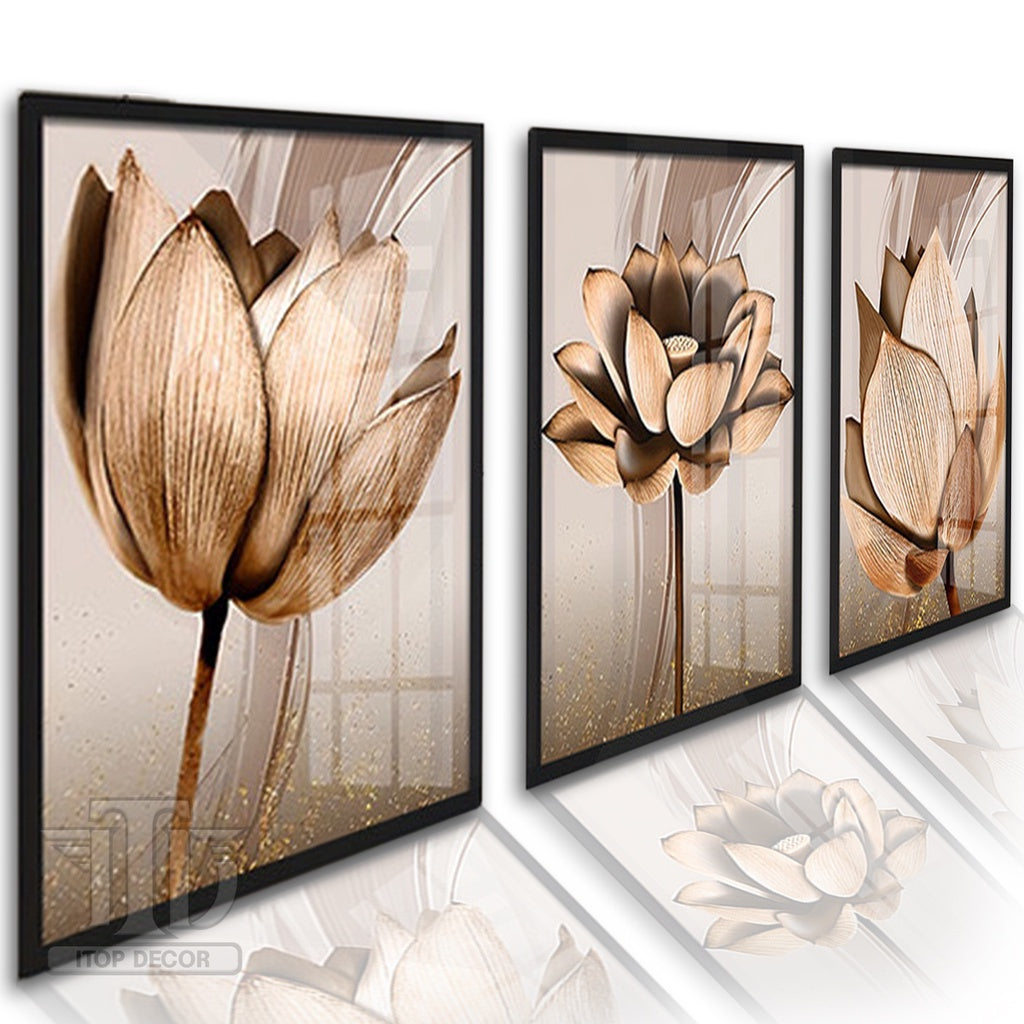 Kit 3 Peças Quadros Decorativos Mdf Flores Ton Cobre Gold Folhas Moldura Para Quarto Sala Escritório