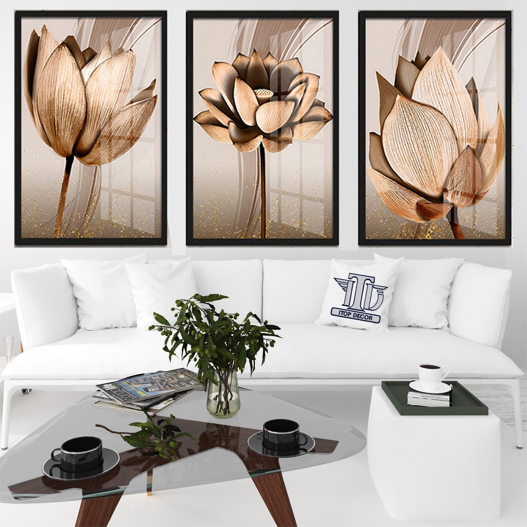 Kit 3 Peças Quadros Decorativos Mdf Flores Ton Cobre Gold Folhas Moldura Para Quarto Sala Escritório