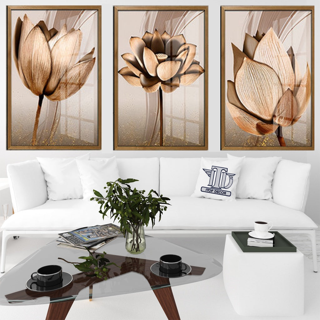 Kit 3 Peças Quadros Decorativos Mdf Flores Ton Cobre Gold Folhas Moldura Para Quarto Sala Escritório