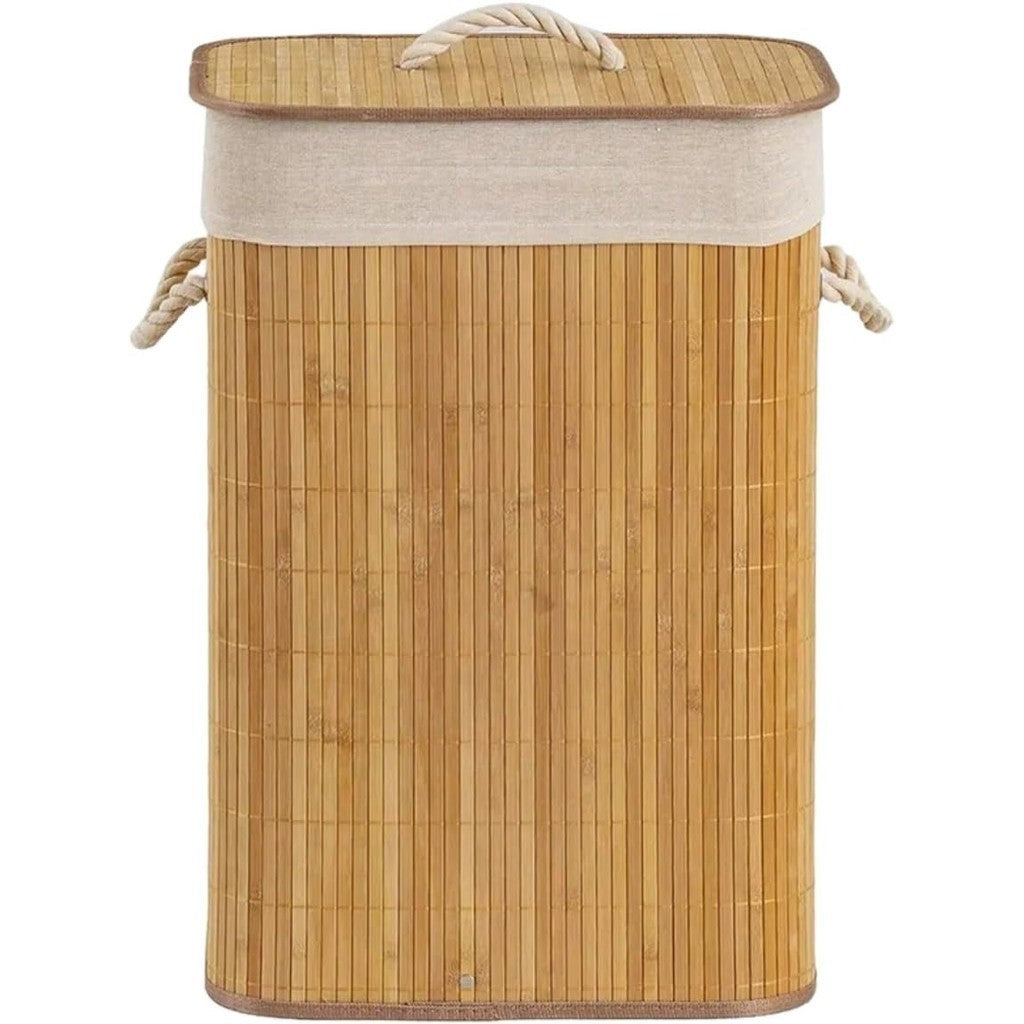 Cesto De Roupa Suja Bambu Dobravel Organizador Forrado Banheiro 60cm Grande Cesto Retangular