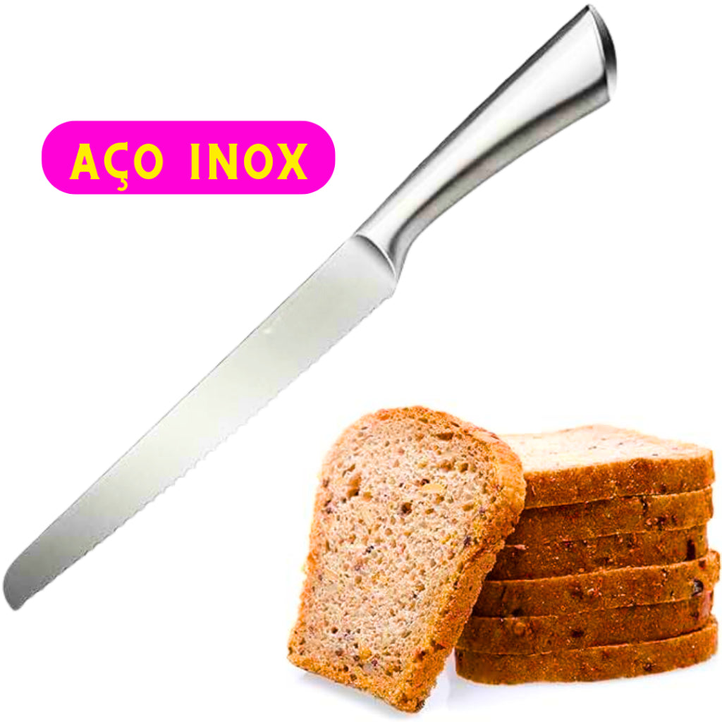 Faca de pão inox escovado 32cm com lâmina serrilhada. Corte perfeito, durabilidade e elegância para sua cozinha sofisticada | Alma & Casa.