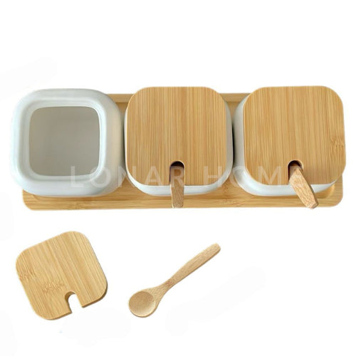 Kit Pote com Tampa de Bambu Bandeja Com Colher Saleiro Cerâmica Mesa Açucareiro Temperos