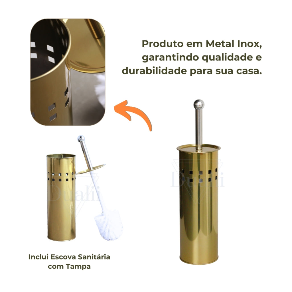 Kit Lavabo Inox Lixeira 5l E Escova Sanitária Dourado Dualii