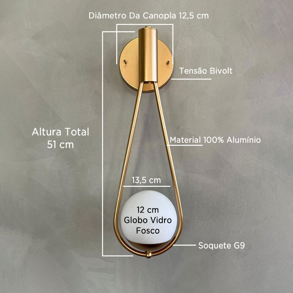 2 Arandelas Toque de Gota Dourada, com Globo de Vidro | Alma & Casa