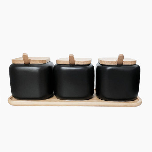 Kit Pote com Tampa de Bambu Bandeja Com Colher Saleiro Cerâmica Mesa Açucareiro Temperos