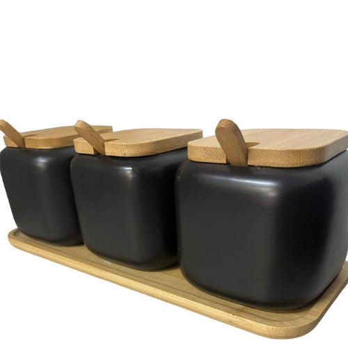 Kit Pote com Tampa de Bambu Bandeja Com Colher Saleiro Cerâmica Mesa Açucareiro Temperos