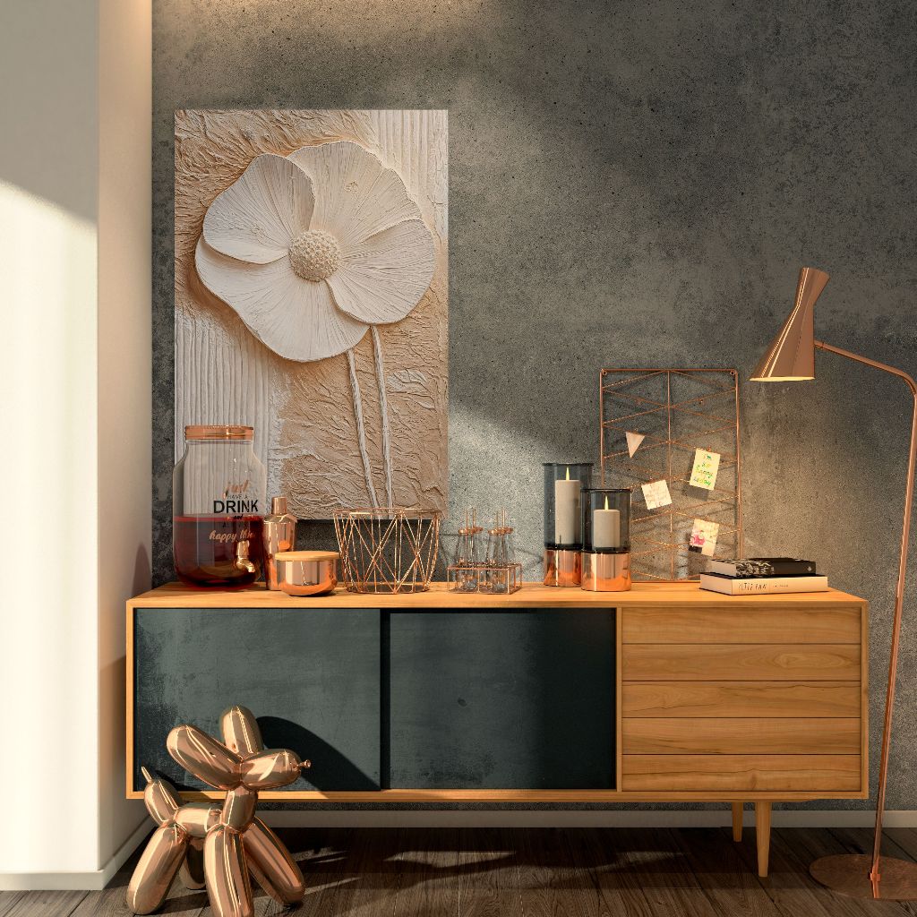 Quadro Decorativo Grande Composição Abstrata Floral Flores E Ramos Brancos Vertical