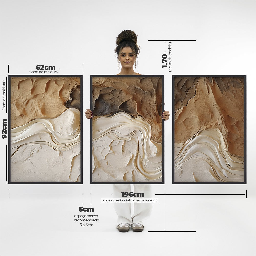 Quadros Decorativos com Moldura Trio Sala Quarto Textura Estilo Gesso Off White com Terra