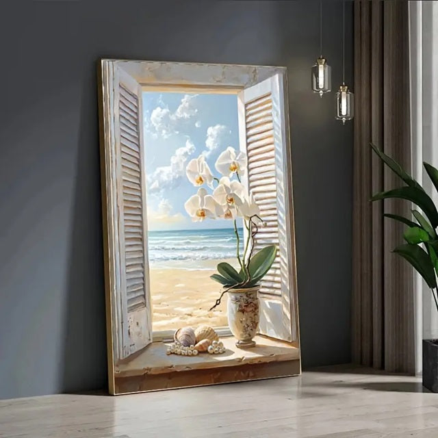 Quadro decorativo 1 peça grande 3D vaso flores vista para o mar moderno abstrato decoração para casa sala quarto hall