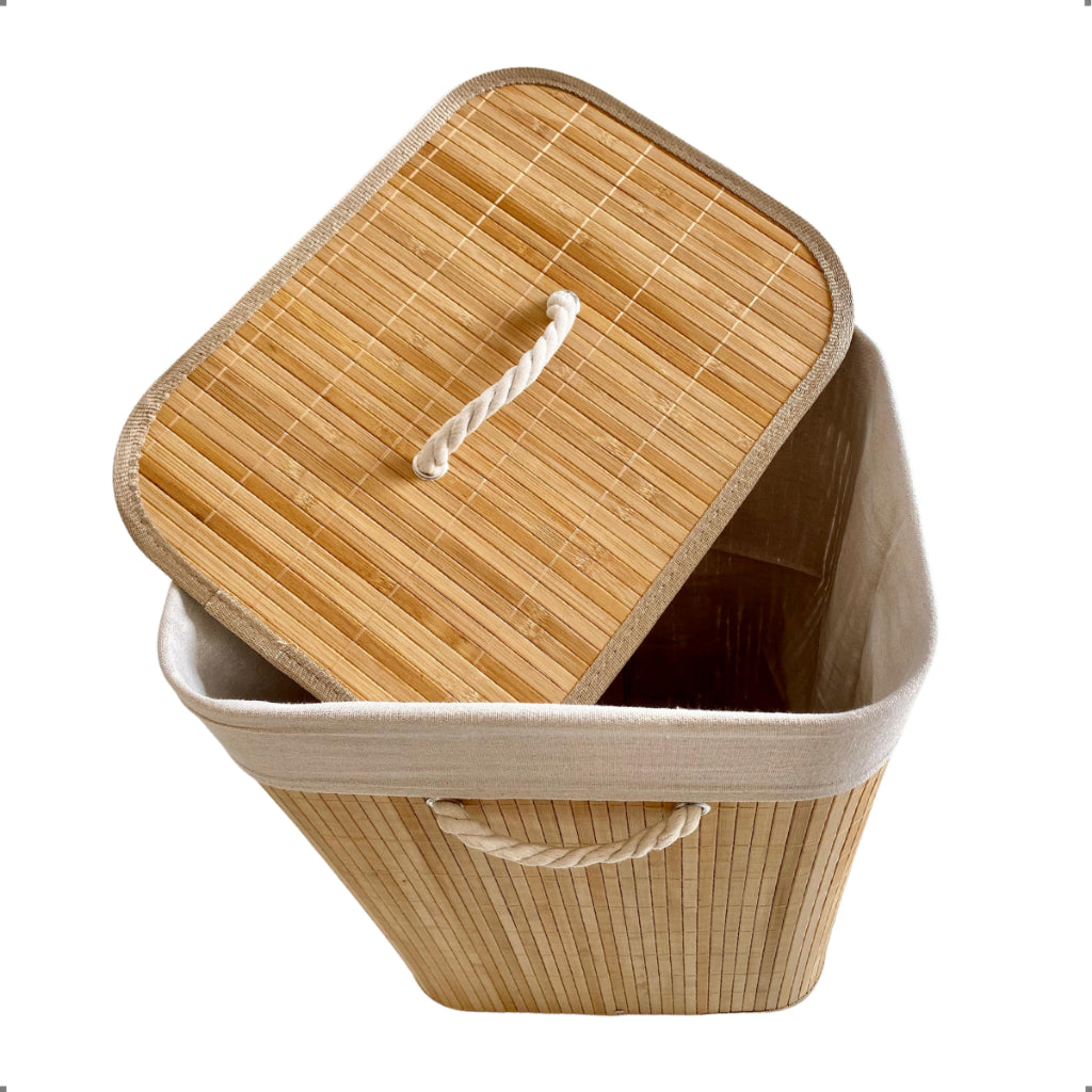 Cesto De Roupa Suja Bambu Dobravel Organizador Forrado Banheiro 60cm Grande Cesto Retangular