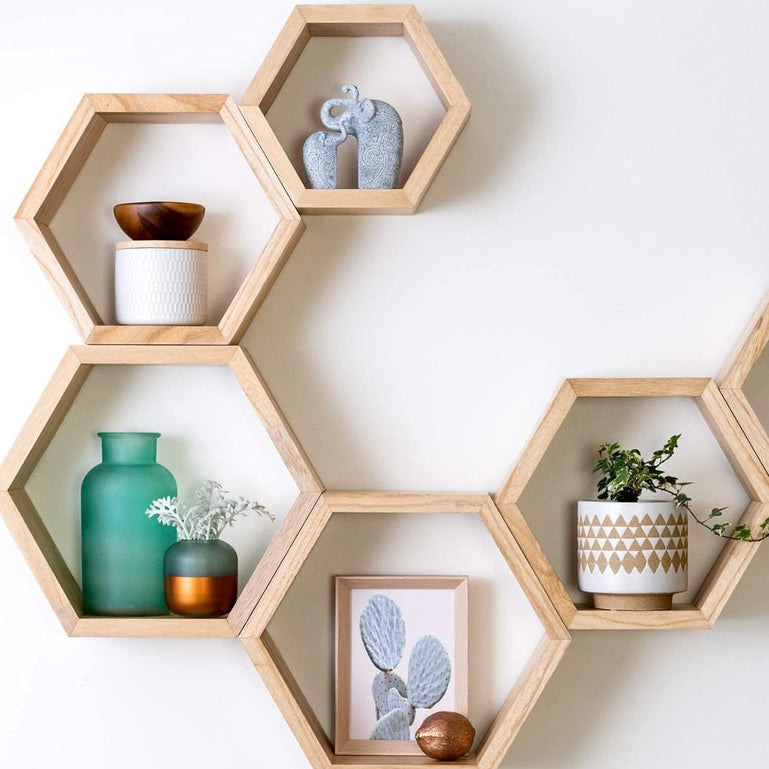 Nichos Colmeia de Madeira Natural – Kit com 5 | Alma & Casa