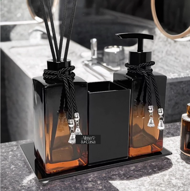Lavabo Luxo Preto e Rosê com Detalhes em Vidro | Alma & Casa