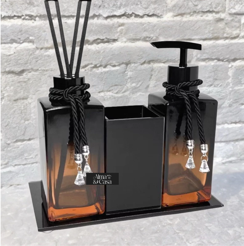 Lavabo Luxo Preto e Rosê com Detalhes em Vidro | Alma & Casa