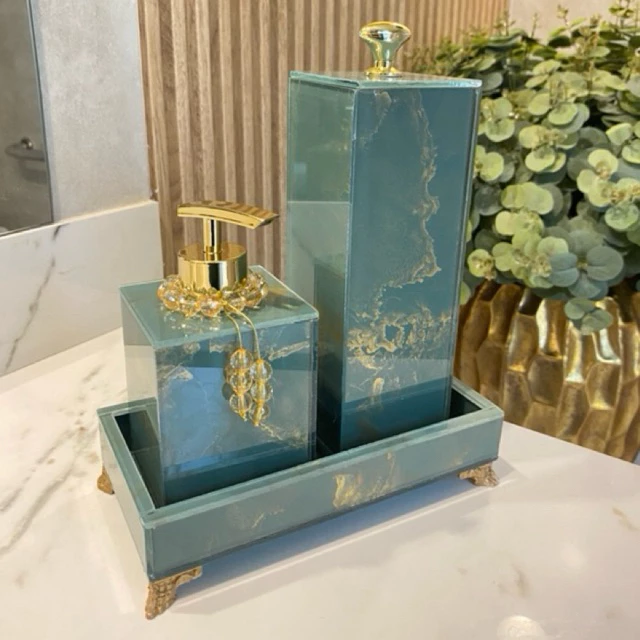 Conjunto Lavabo Luxo Mármore com Bandeja - Vidro | Alma & Casa