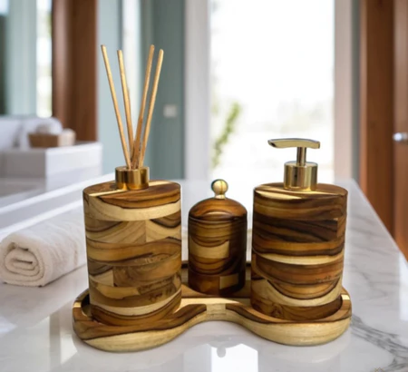 Conjunto Lavabo Madeira com Detalhes Dourados | Alma & Casa