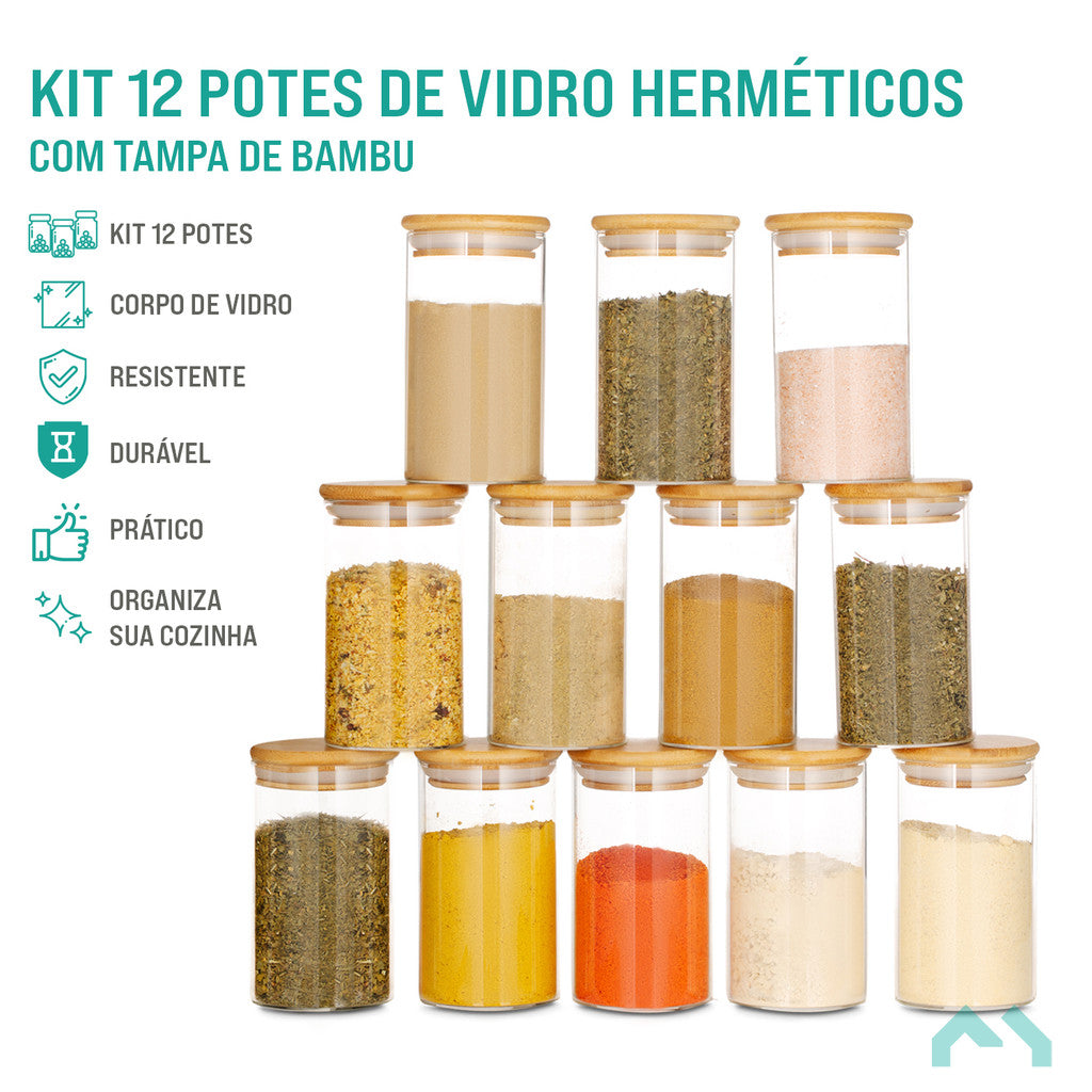 12 Potes de Vidro Hermético 250mL com Tampa de Bambu | Alma & Casa