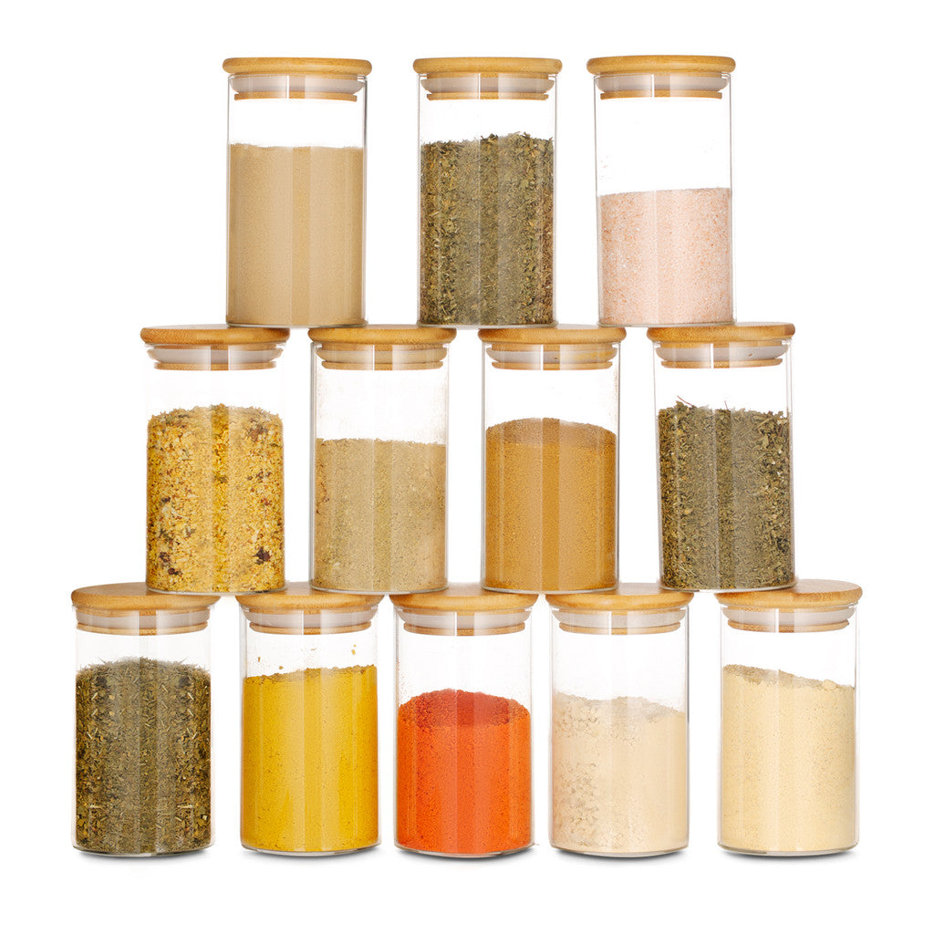 12 Potes de Vidro Hermético 250mL com Tampa de Bambu | Alma & Casa