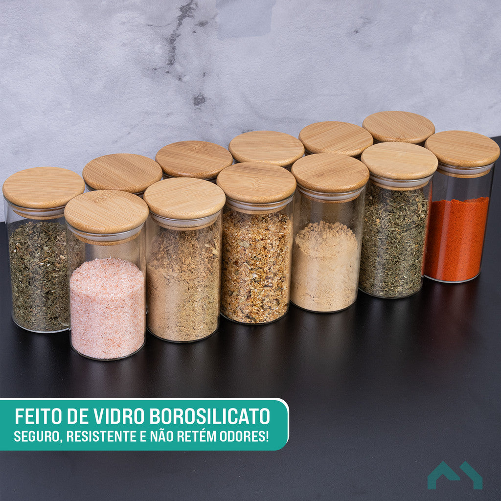 12 Potes de Vidro Hermético 250mL com Tampa de Bambu | Alma & Casa