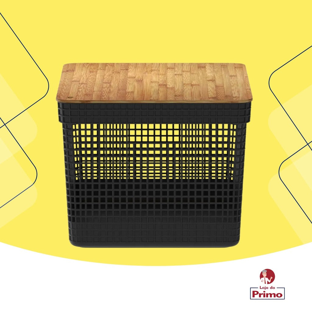 Cesto Organizador Roupas Lavanderia Área De Serviço Banheiro Quarto Tampa Bambu Grid 20l Preto OU