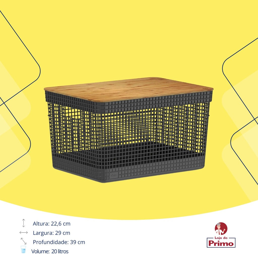Cesto Organizador Roupas Lavanderia Área De Serviço Banheiro Quarto Tampa Bambu Grid 20l Preto OU