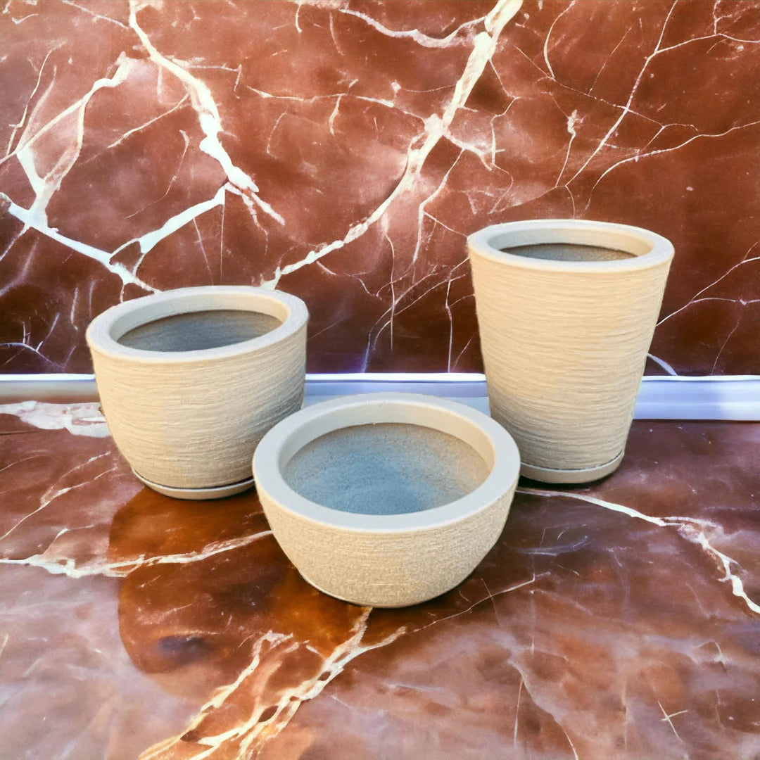 Kit Elegante com 3 Vasos Redondos Texturizados em Polietileno