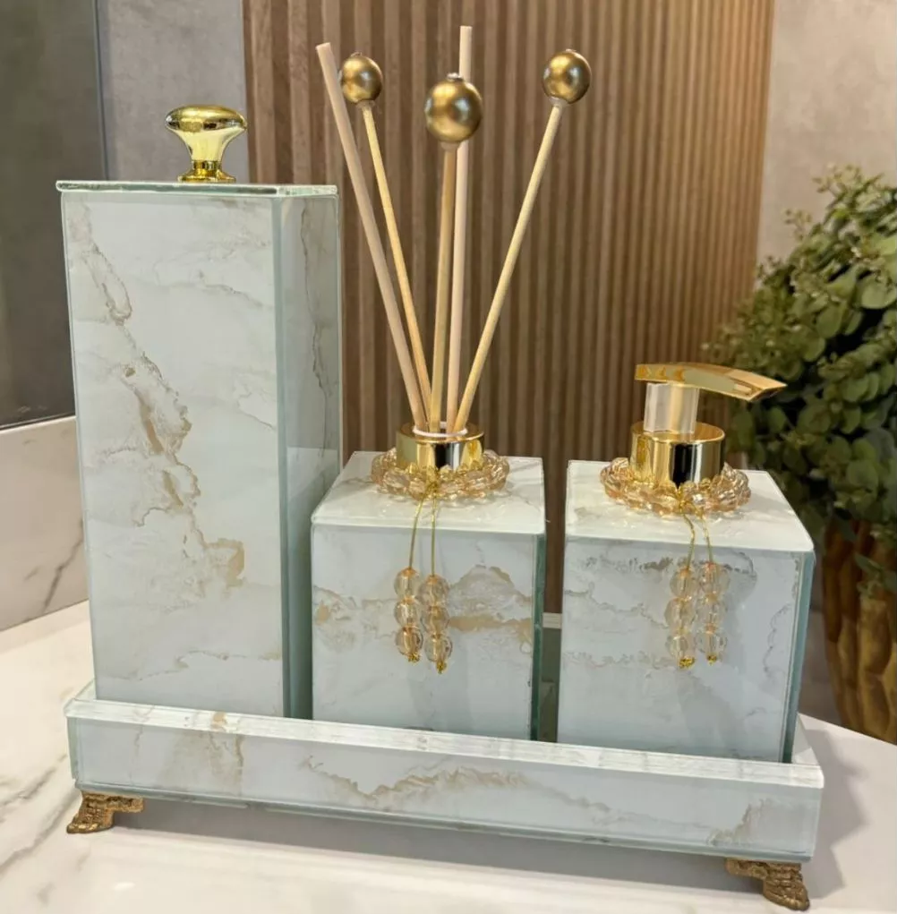 Conjunto Lavabo Mármore com Bandeja e Difusor | Alma & Casa