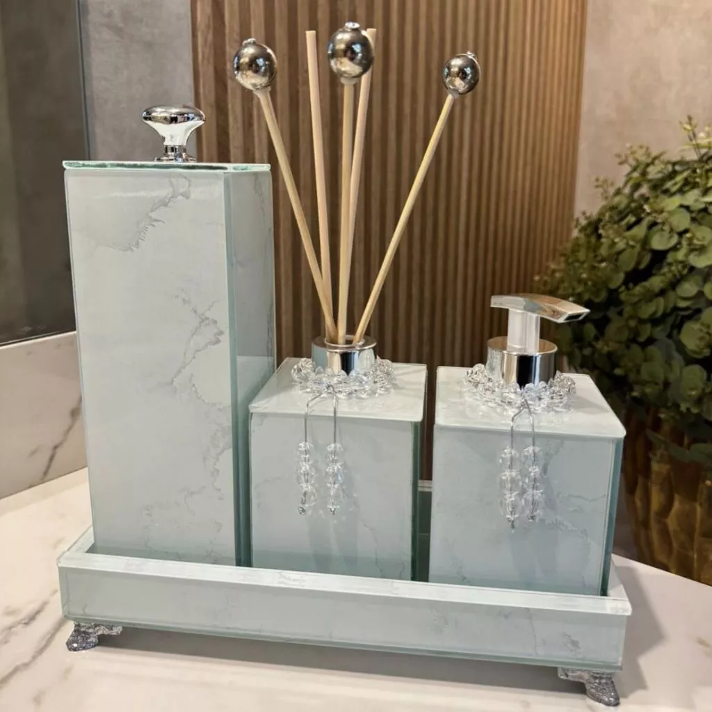 Conjunto Lavabo Mármore com Bandeja e Difusor | Alma & Casa
