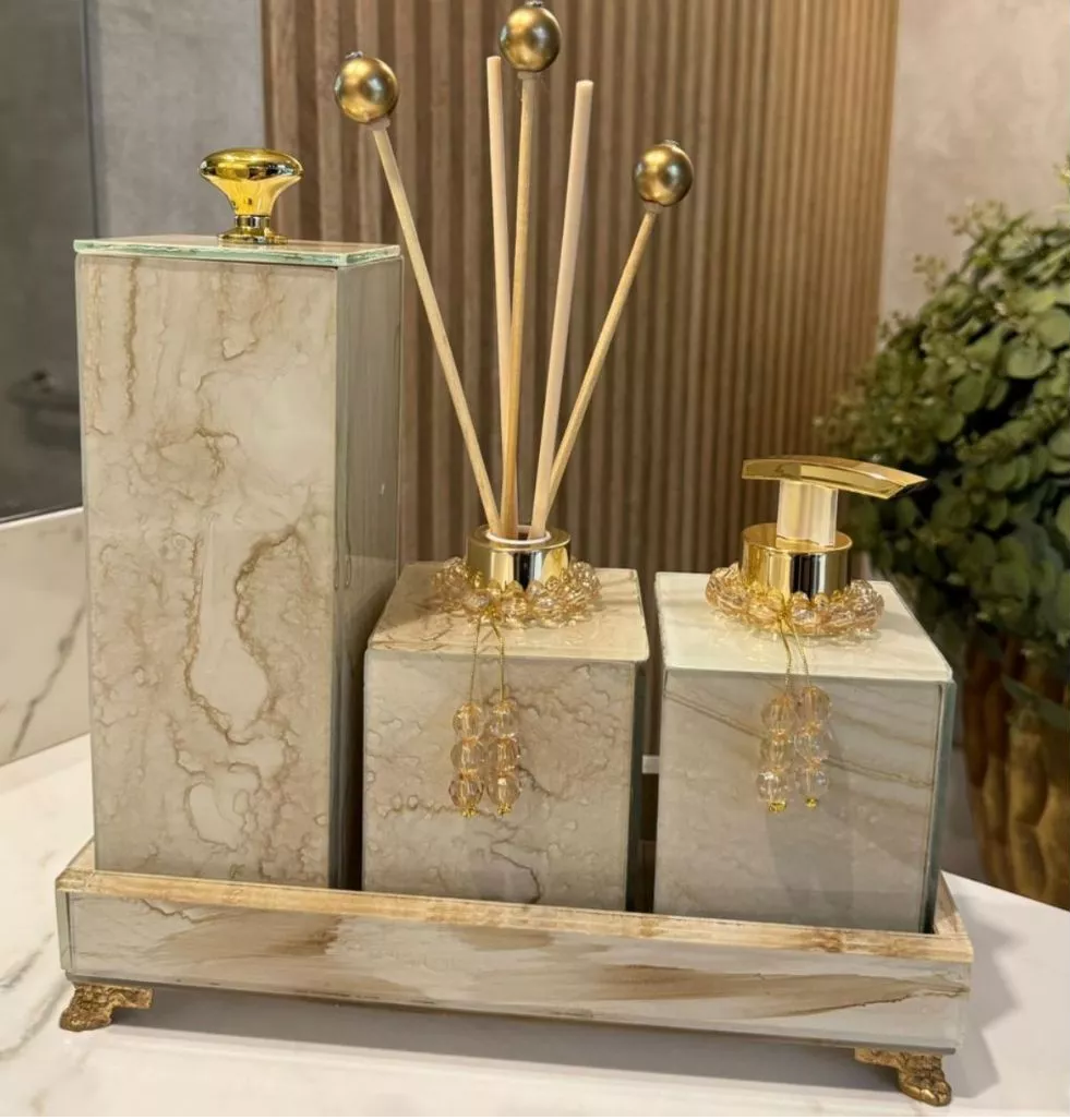 Conjunto Lavabo Mármore com Bandeja e Difusor | Alma & Casa