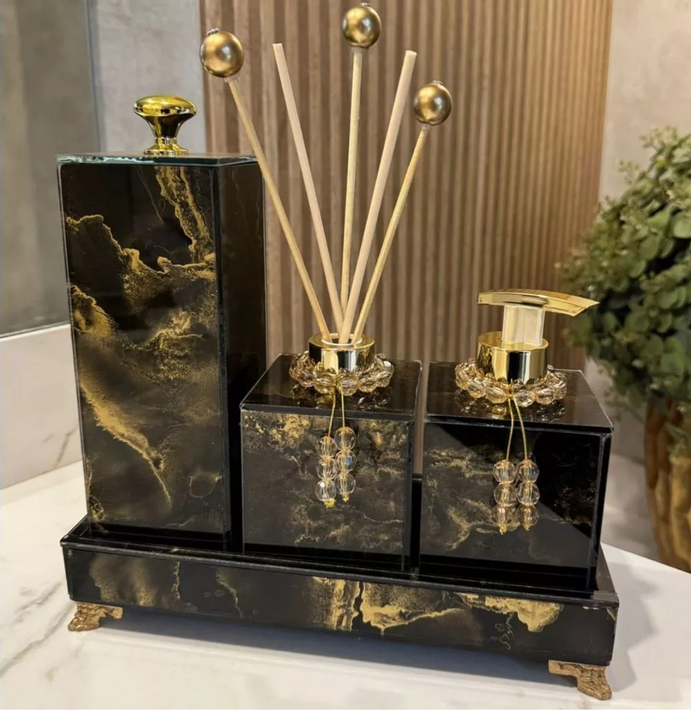 Conjunto Lavabo Mármore com Bandeja e Difusor | Alma & Casa