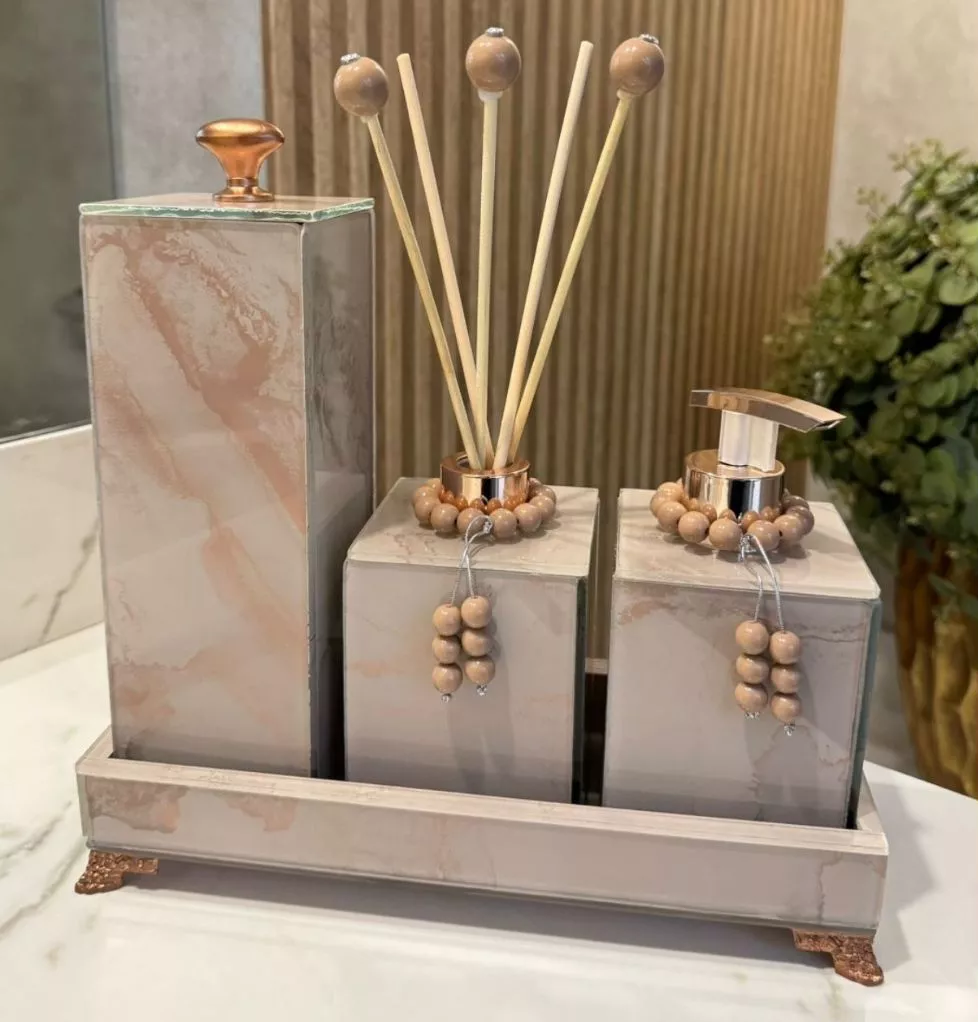Conjunto Lavabo Mármore com Bandeja e Difusor | Alma & Casa