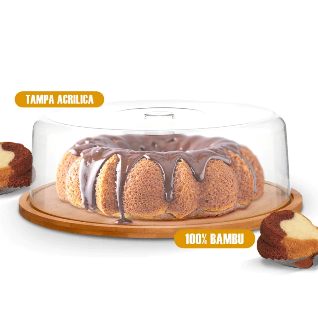 Boleira Bambu com Tampa Acrílica 28cm Elegante | Alma & Casa