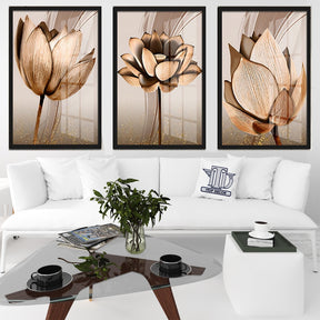 Kit 3 Peças Quadros Decorativos Mdf Flores Ton Cobre Gold Folhas Moldura Para Quarto Sala Escritório