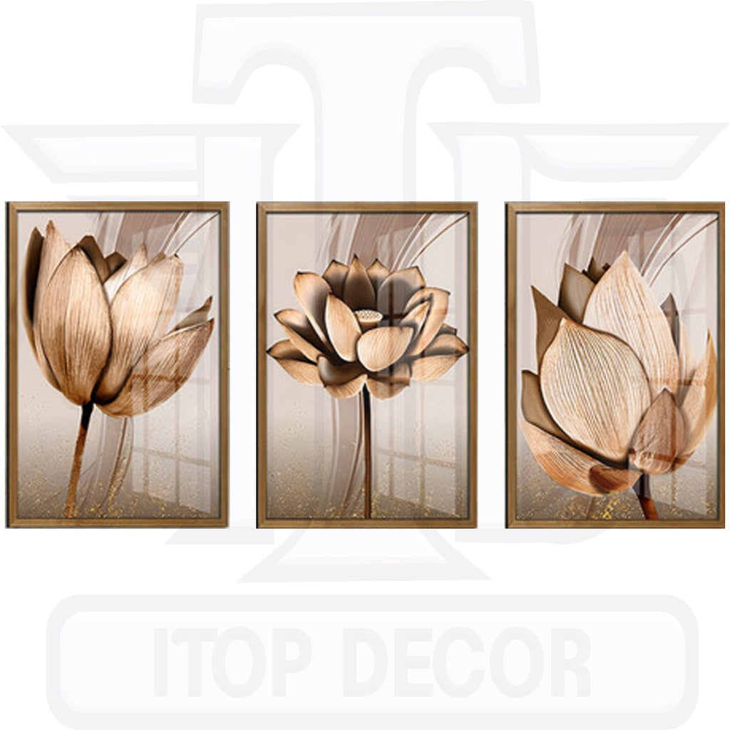 Kit 3 Peças Quadros Decorativos Mdf Flores Ton Cobre Gold Folhas Moldura Para Quarto Sala Escritório