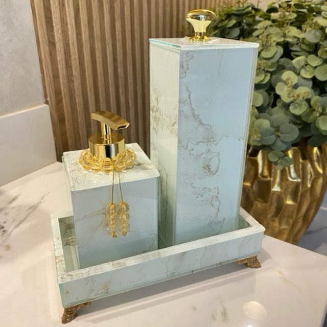 Conjunto Lavabo Luxo Mármore com Bandeja - Vidro | Alma & Casa