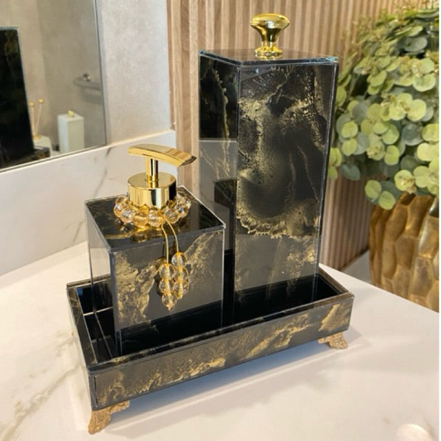 Conjunto Lavabo Luxo Mármore com Bandeja - Vidro | Alma & Casa
