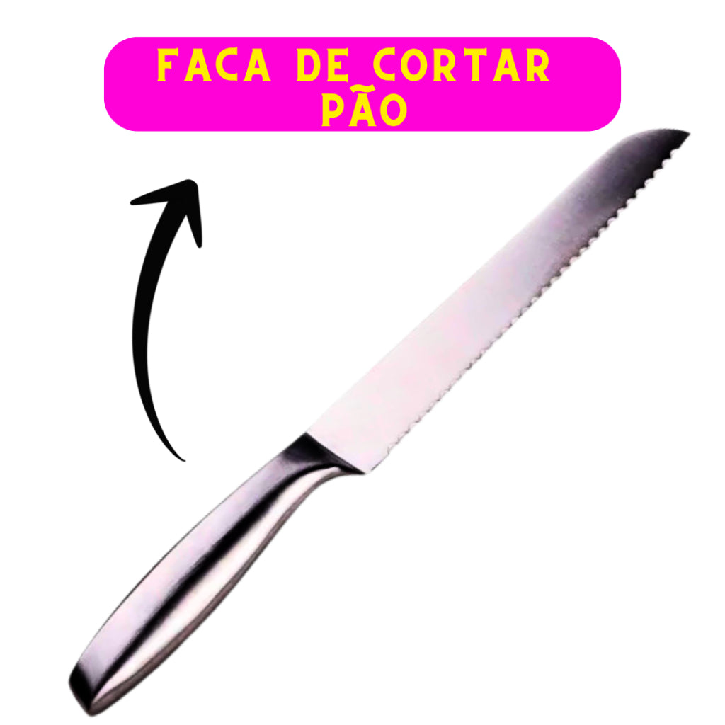 Faca de pão inox escovado 32cm com lâmina serrilhada. Corte perfeito, durabilidade e elegância para sua cozinha sofisticada | Alma & Casa.