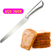 Faca de pão inox escovado 32cm com lâmina serrilhada. Corte perfeito, durabilidade e elegância para sua cozinha sofisticada | Alma & Casa.