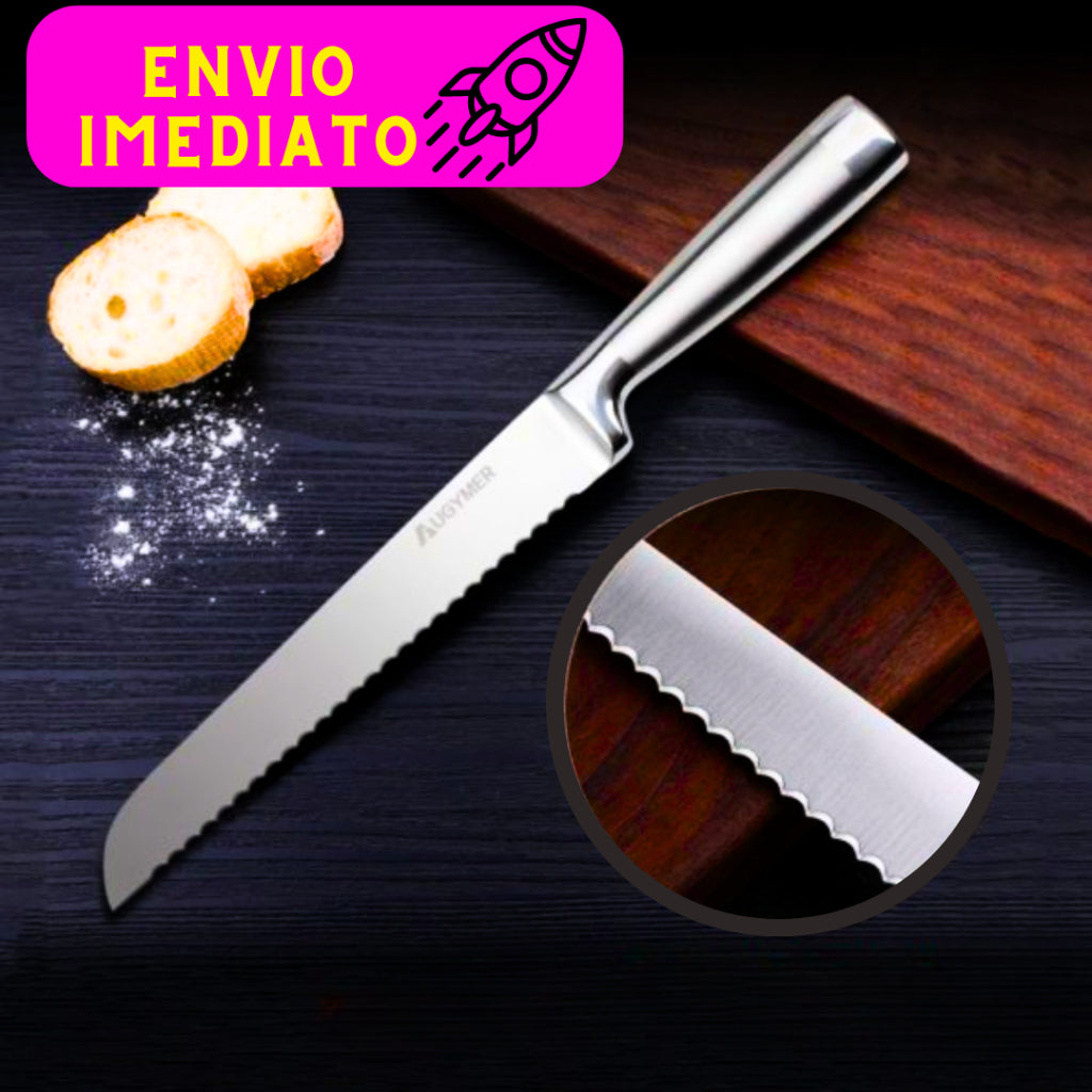 Faca de pão inox escovado 32cm com lâmina serrilhada. Corte perfeito, durabilidade e elegância para sua cozinha sofisticada | Alma & Casa.