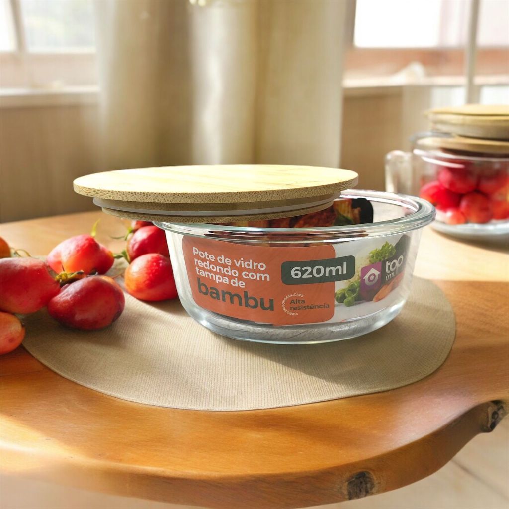 Potes Pote De Vidro Tampa Bambu Alta Vedação Redondo 620ml, 950mlOu 1.350ml Utensilio De Cozinha Multiuso Universal  Pote Hermético Porta Mantimentos