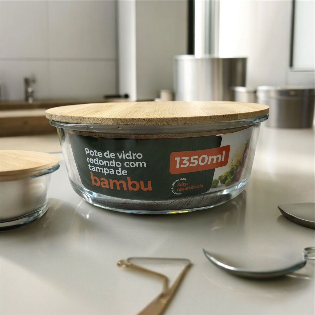 Potes Pote De Vidro Tampa Bambu Alta Vedação Redondo 620ml, 950mlOu 1.350ml Utensilio De Cozinha Multiuso Universal  Pote Hermético Porta Mantimentos