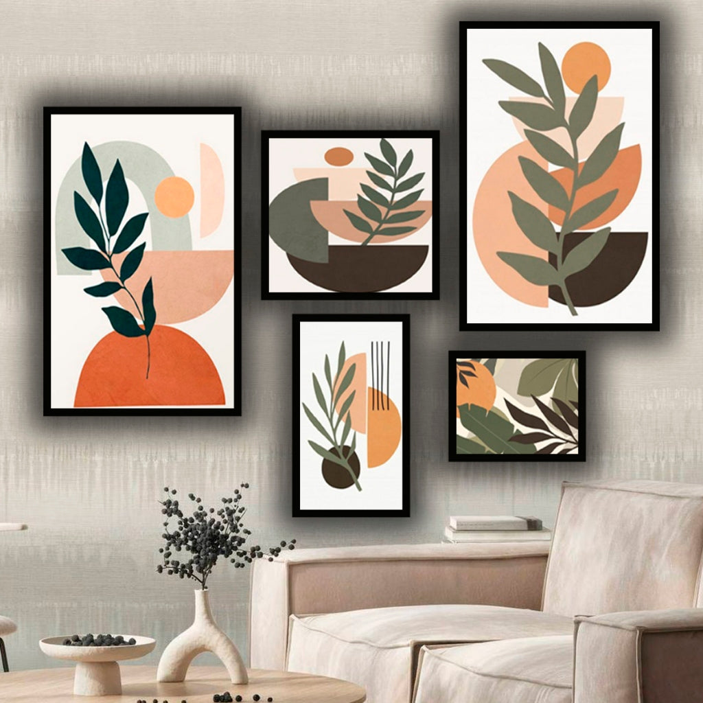 Kit Quadros Decorativos 5 Peças Folhagem Tropical Nordeste Minimalista Moldura Quarto Sala Hall