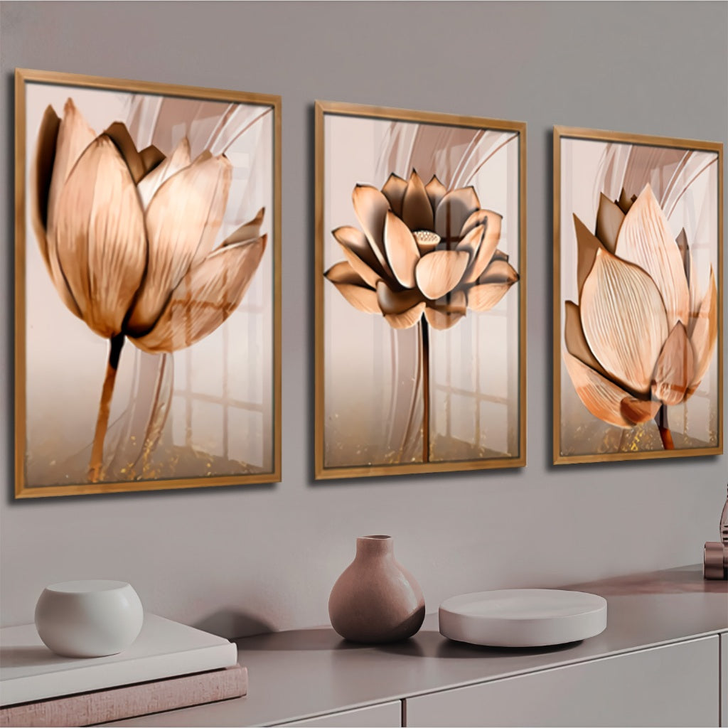 Kit 3 Peças Quadros Decorativos Mdf Flores Ton Cobre Gold Folhas Moldura Para Quarto Sala Escritório