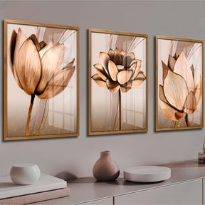 Kit 3 Peças Quadros Decorativos Mdf Flores Ton Cobre Gold Folhas Moldura Para Quarto Sala Escritório