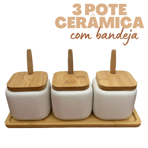 Kit Pote com Tampa de Bambu Bandeja Com Colher Saleiro Cerâmica Mesa Açucareiro Temperos