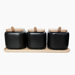 Kit Pote com Tampa de Bambu Bandeja Com Colher Saleiro Cerâmica Mesa Açucareiro Temperos