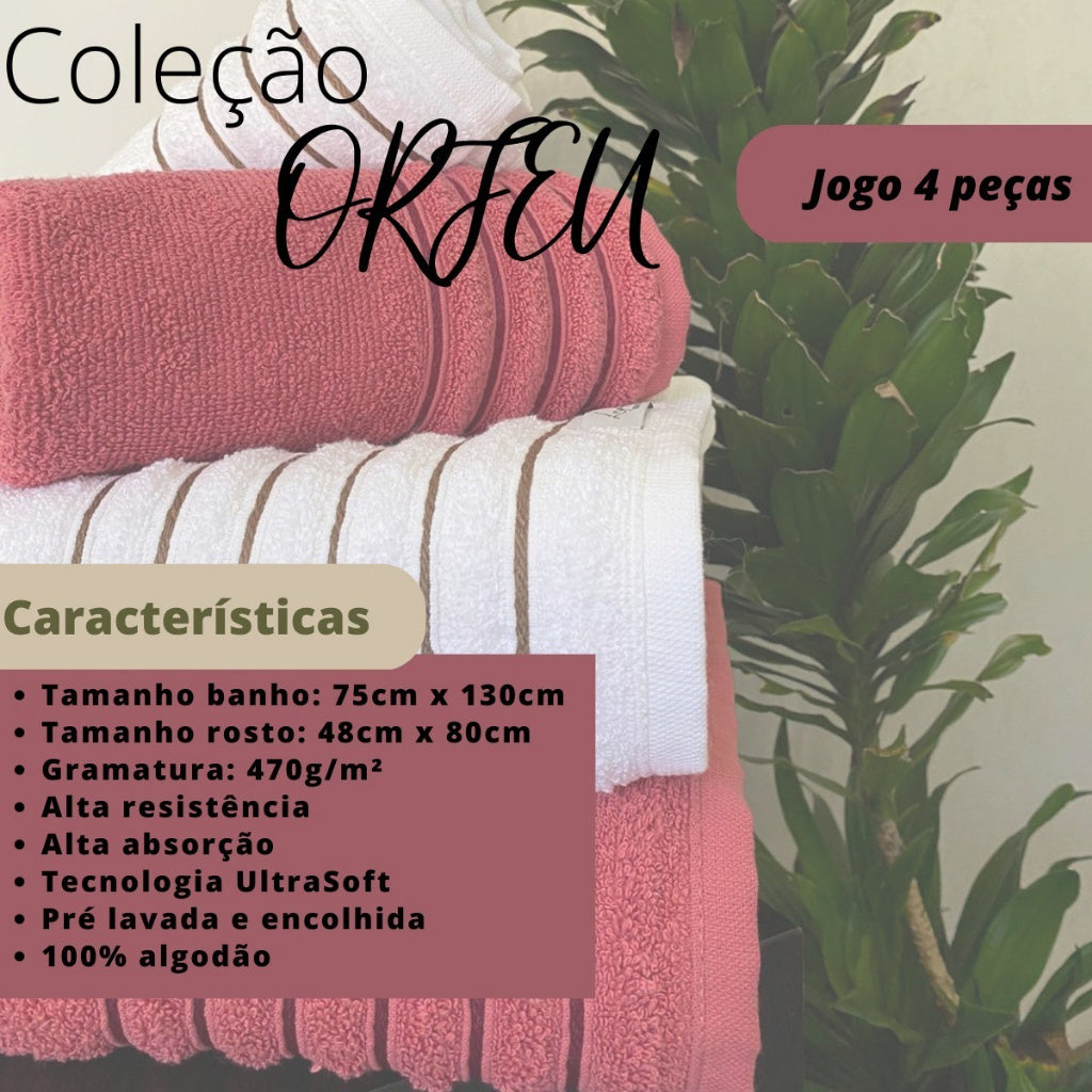Kit 4 Toalhas (02 Banho e 02 Rosto) - Jogo de Toalhas 100% Algodão Grande 72cm x 130cm 460g