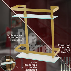 Suporte Porta Shampoo Prateleira Vidro Banheiro Nicho Duplo Dourado