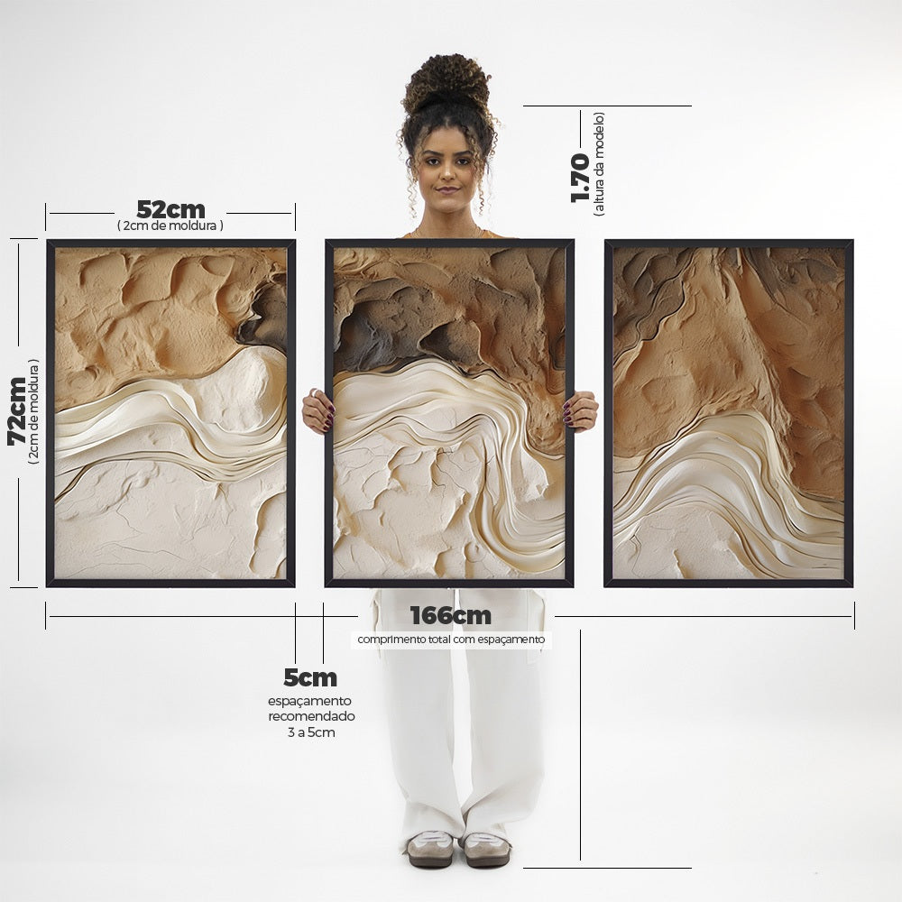 Quadros Decorativos com Moldura Trio Sala Quarto Textura Estilo Gesso Off White com Terra
